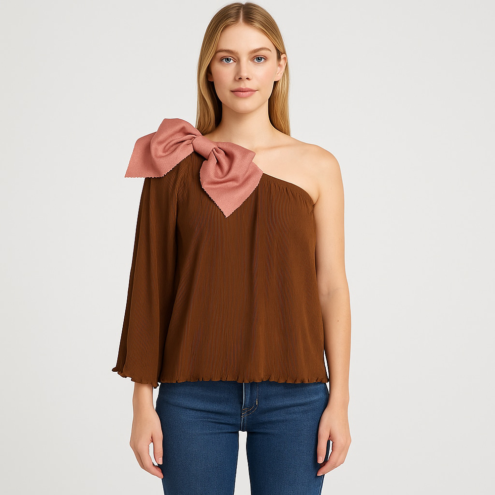 Judith March Brown‎ Pleated One Shoulder Top Bow Detail MEDIUM